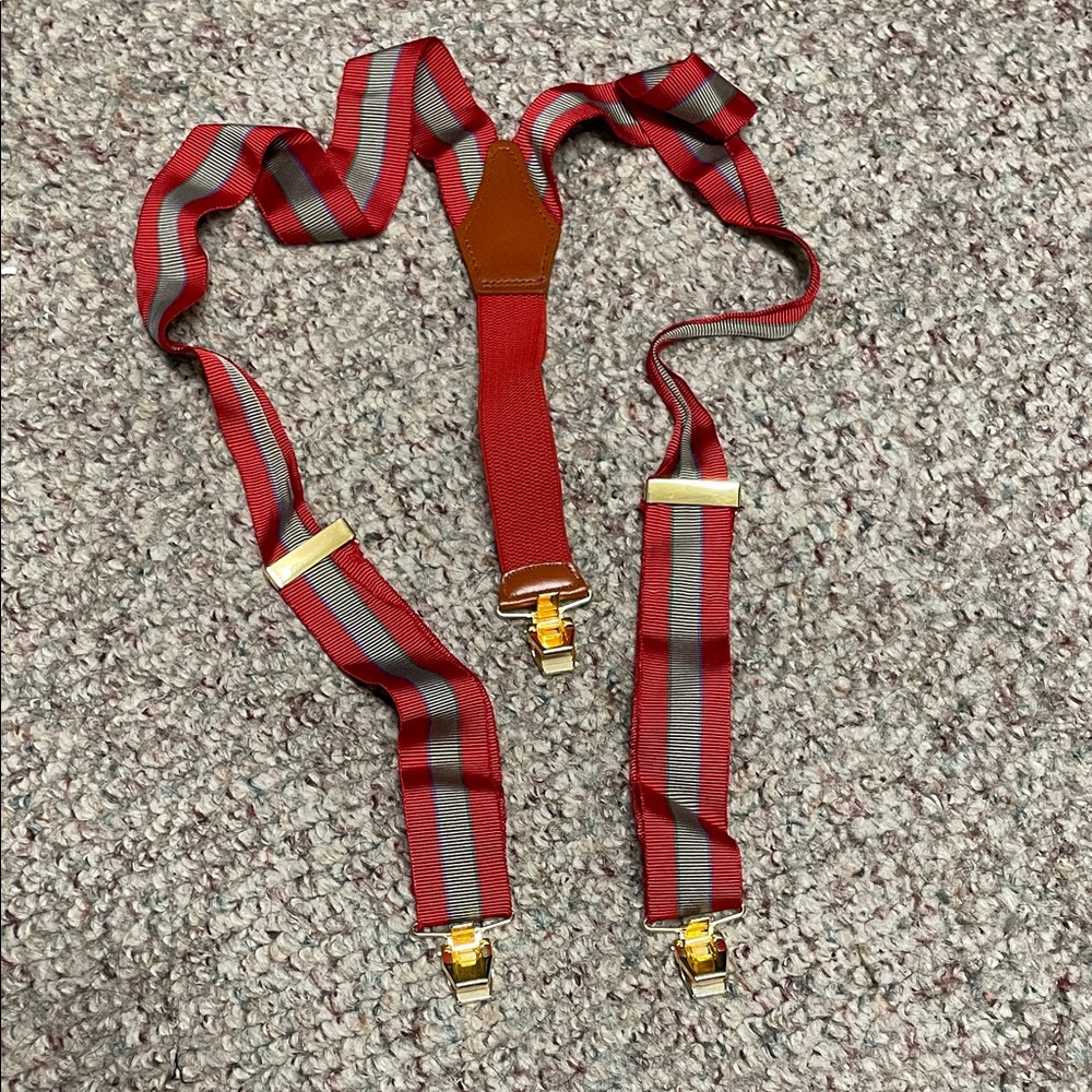 Made in France leather and ribbon style Red and Gray Striped Suspenders